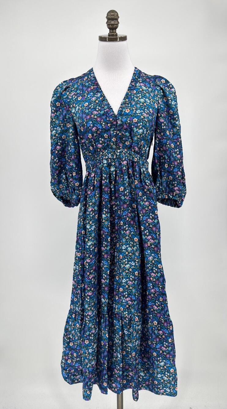 Sandro Almada Vibrant Blue Floral Silk 3/4 Sleeve Tiered Midi Dress Sz 34 US XS
